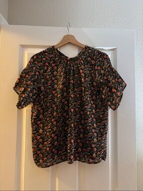 LOFT Black Floral Short Sleeve Blouse